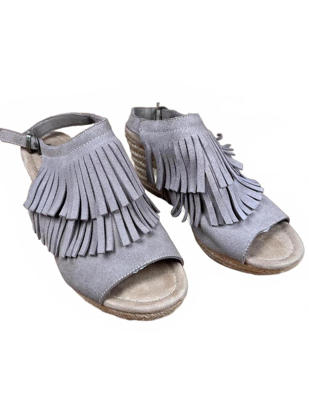 Minnetonka Grey Suede Fringe Wedge Sandals